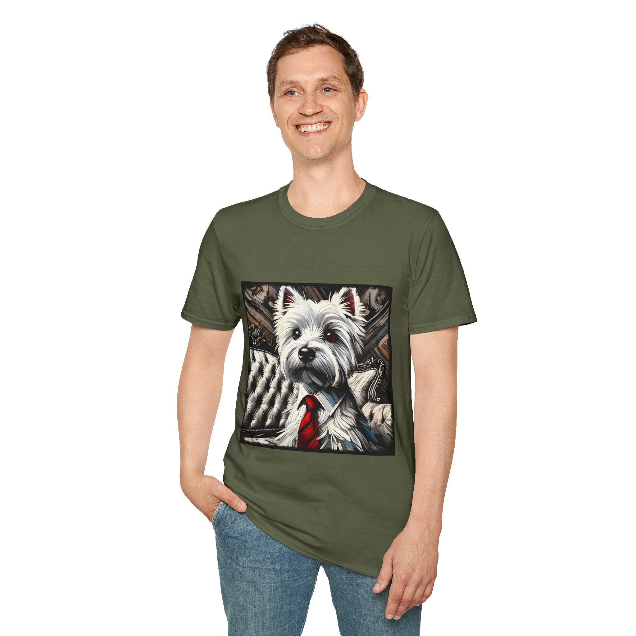 Male model in military green dog t-shirt featuring a Westie in a red tie seated on a tufted chair in a wood-accent room.
