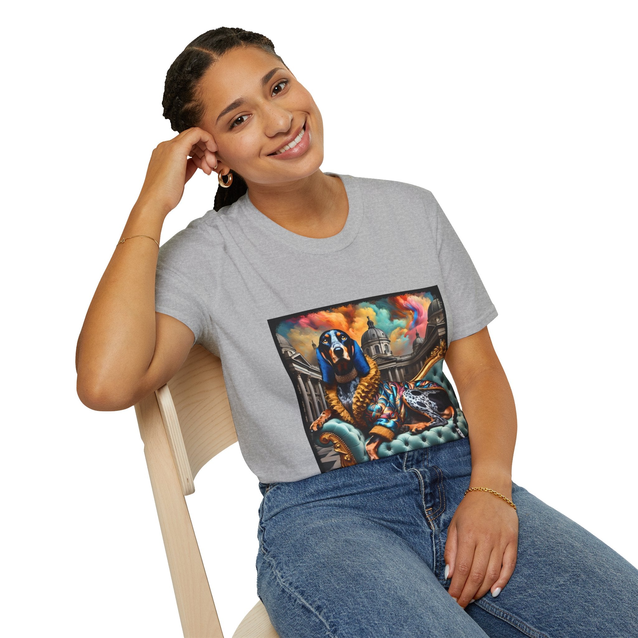 Female model in sport gray dog t-shirt featuring coonhound on teal settee wearing ornate gold-trimmed robe with silk scarf.