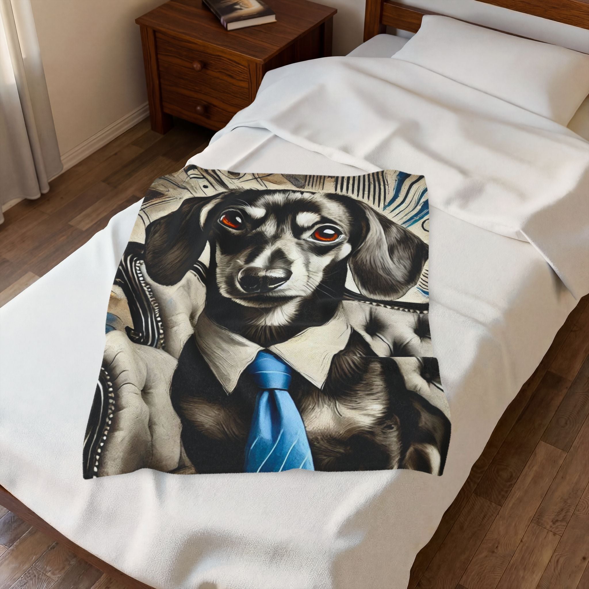 A white bedding set on a bed in a bedroom, featuring a printed blanket or throw with a stylized black-and-white dachshund wearing a bright blue tie.