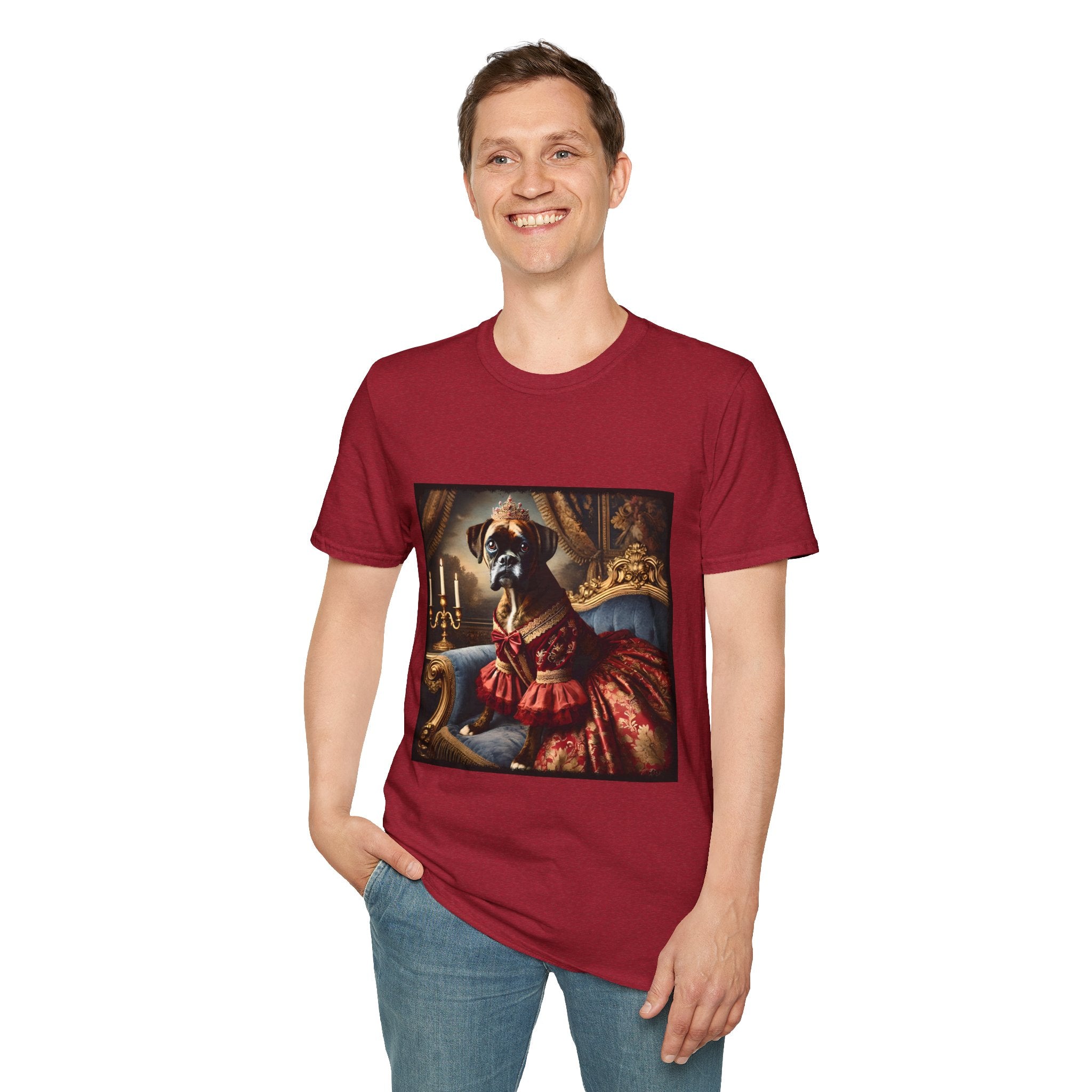 Male model in antique cherry red dog t-shirt featuring boxer in ornate red gown and tiara seated on royal blue armchair.