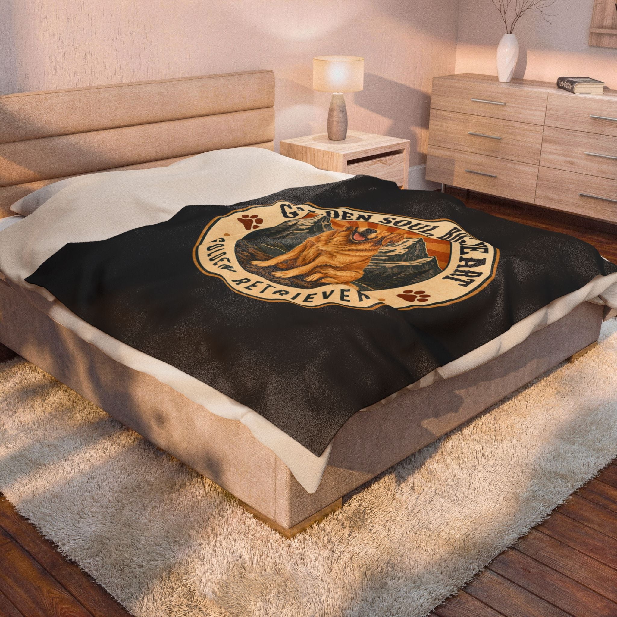 A black blanket with a large circular golden retriever graphic featuring the "Golden Soul Big Heart" design with heartwarming artwork for Golden Retriever lovers.
