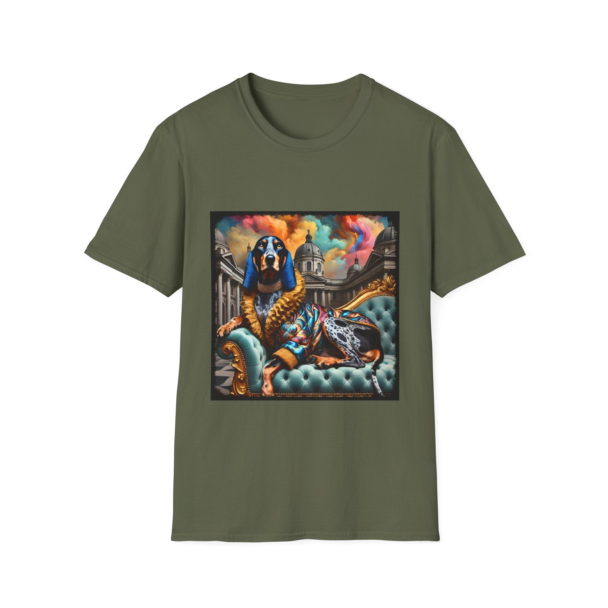 Military green dog t-shirt featuring coonhound on teal settee wearing ornate gold-trimmed robe with silk scarf.