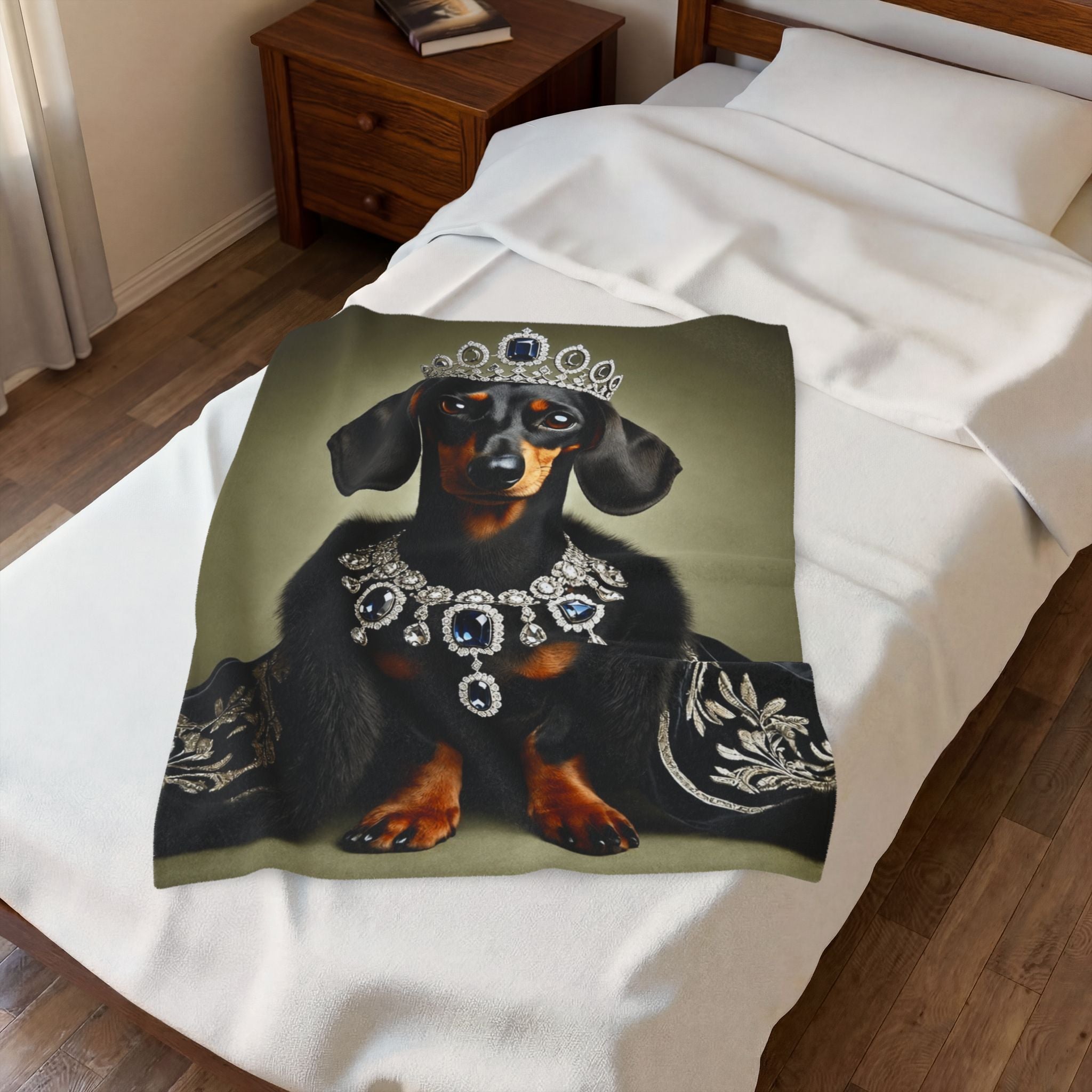 A printed blanket featuring a dachshund wearing a jeweled crown and necklace, laid out on a white bed in a bedroom setting.
