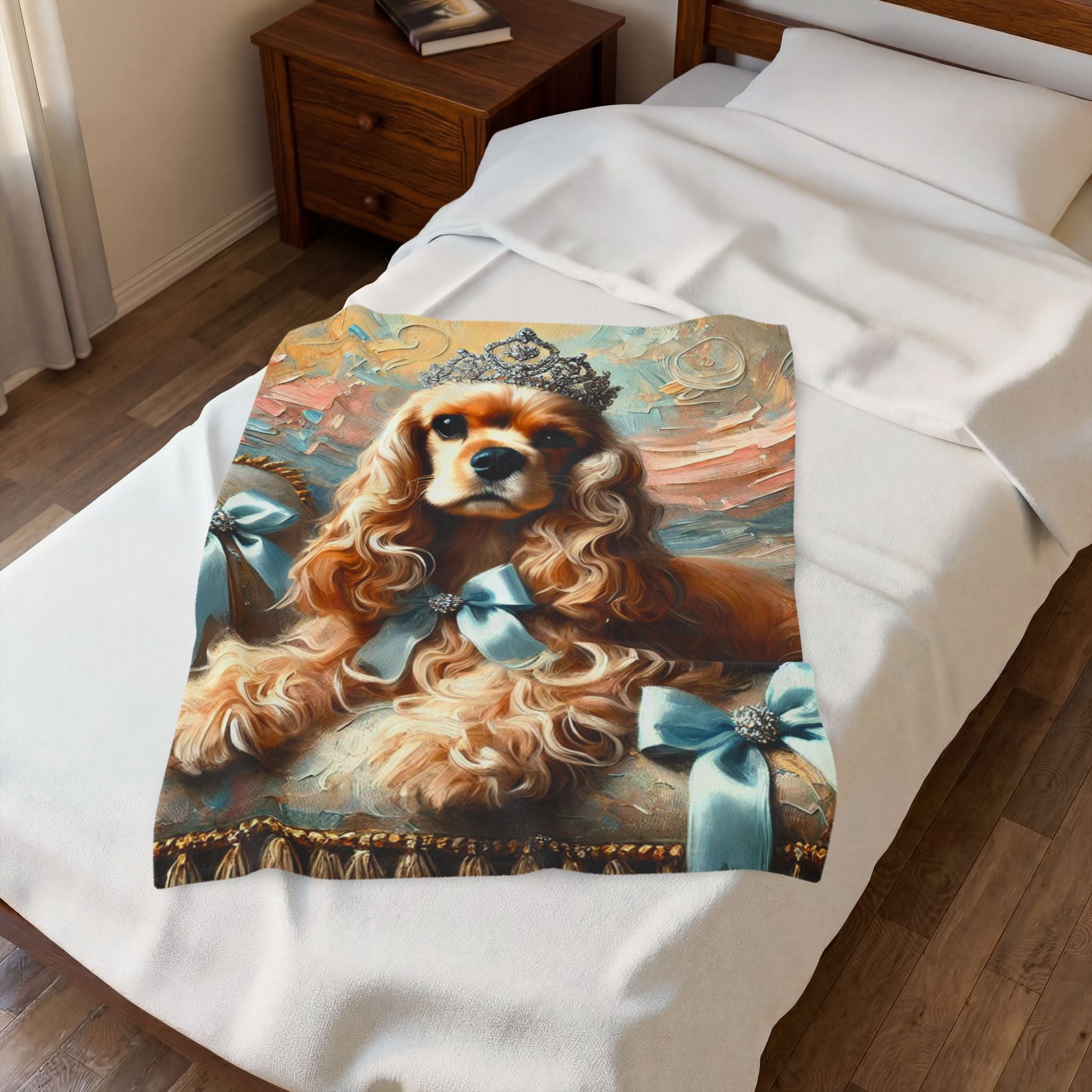 A printed throw blanket featuring a painted royal cocker spaniel wearing a crown and blue bows, draped over a white bed in a bedroom setting.