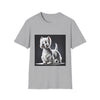 Sport gray dog t-shirt featuring a Westie standing proud on a platform against a dramatic dark backdrop.