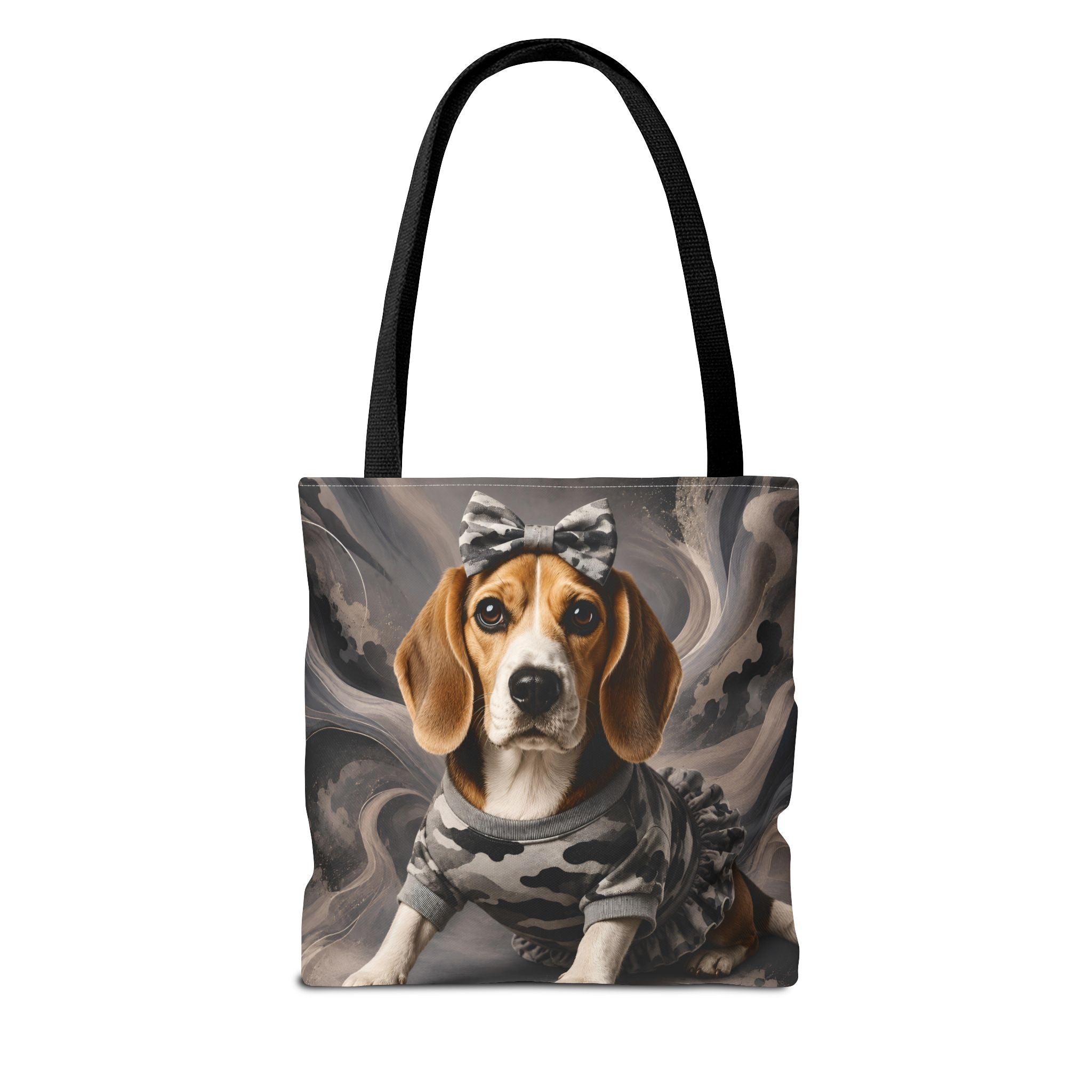 A tote bag with black handles featuring a printed graphic of a beagle dog wearing a gray camouflage shirt and a gray bow, set against a smoky gray background.
