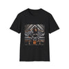 Black dog t-shirt featuring coonhound in edgy black bomber jacket with fur cuffs, seated on a tufted leather settee.