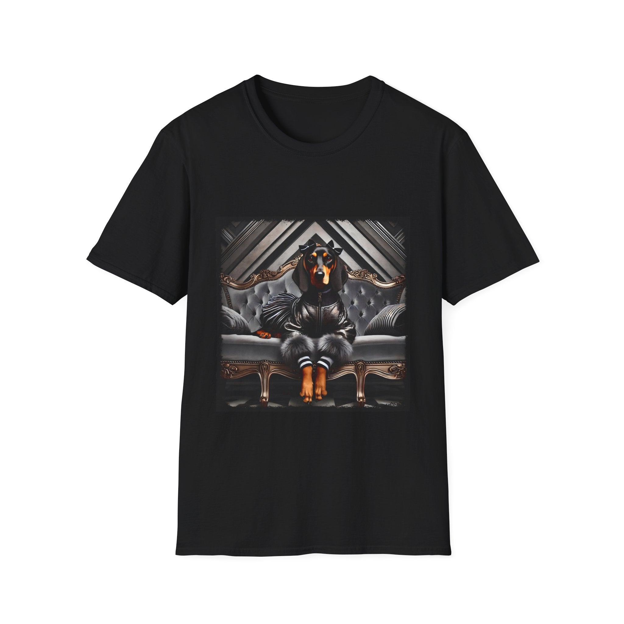 Black dog t-shirt featuring coonhound in edgy black bomber jacket with fur cuffs, seated on a tufted leather settee.