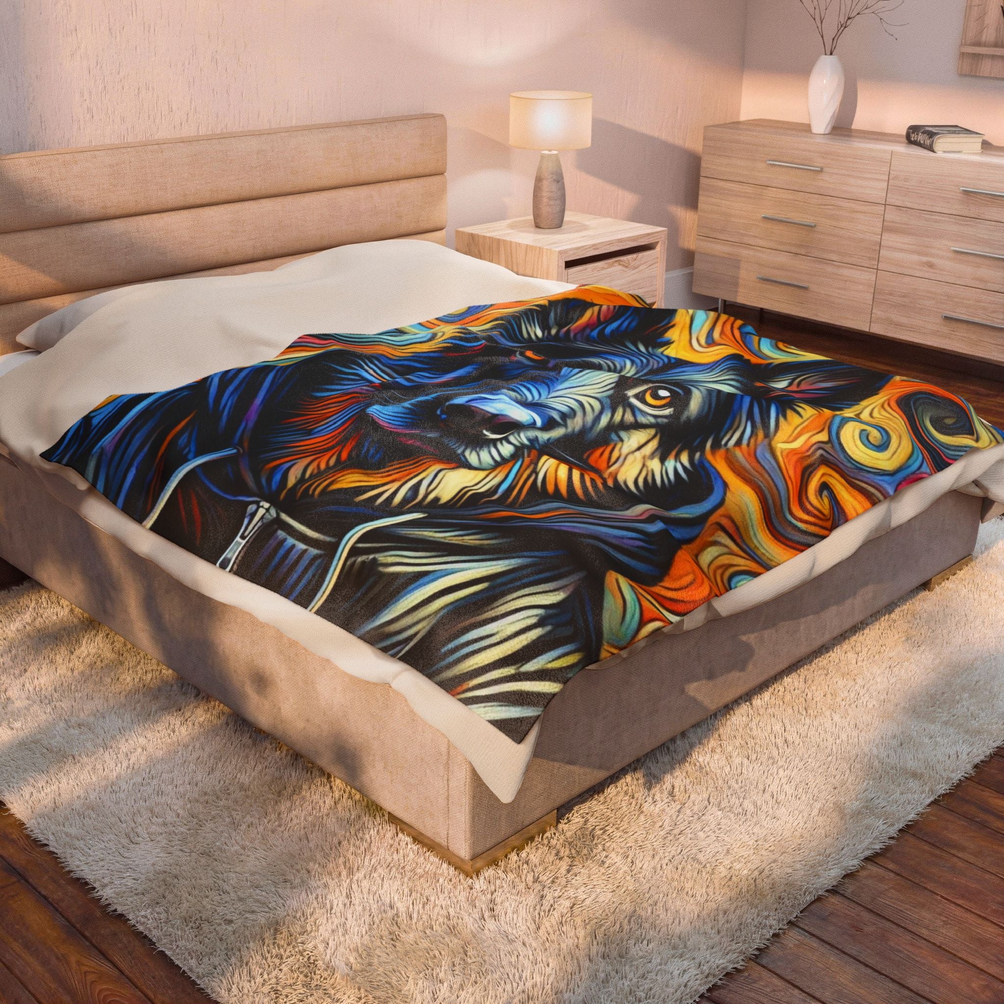 A colorful wolf print throw blanket is draped over a bed in a modern bedroom setting. The blanket features a highly detailed, stylized illustration of a German Shepherd's  face in vibrant shades of blue, yellow, orange, and black, with swirling artistic patterns.