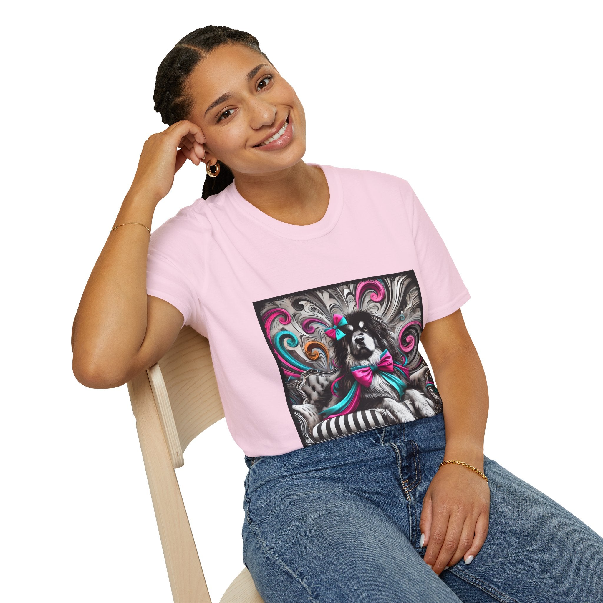 Tibetan Mastiff B&W Pink and Teal Bow | Unisex Dog T-Shirt