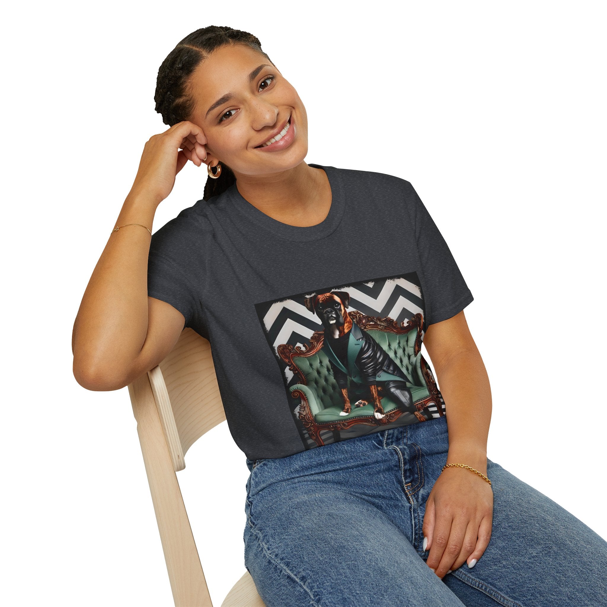 Female model in dark heather gray dog t-shirt featuring a brindle boxer in leather jacket on green settee with chevron wall backdrop.