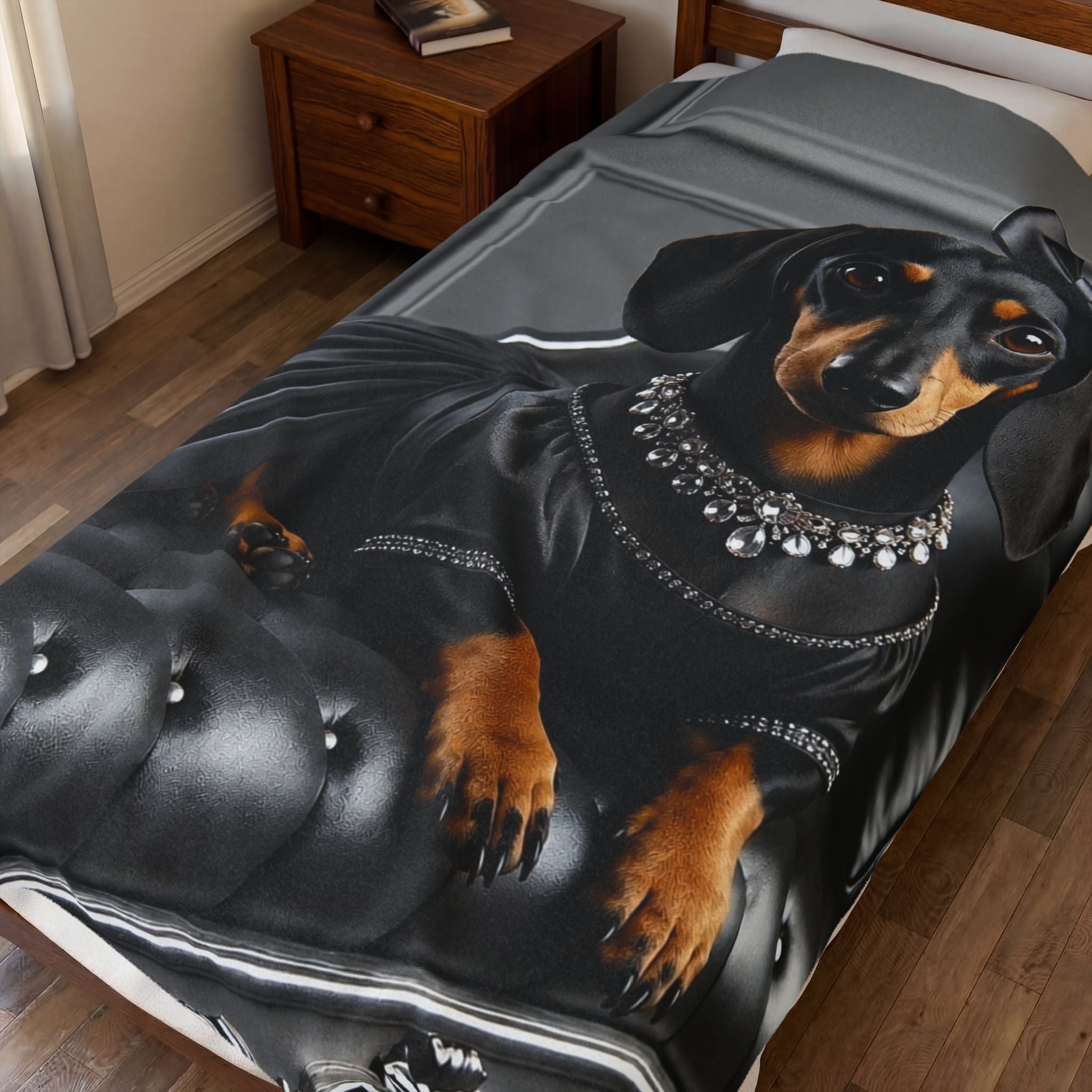 A blanket featuring a black and tan dachshund dressed in a black satin gown with a jeweled collar, displayed on a bed in a bedroom setting.