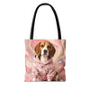A tote bag with black handles, featuring a printed design of a beagle dog wearing a pink camouflage hoodie against a pink and gold marbled background.