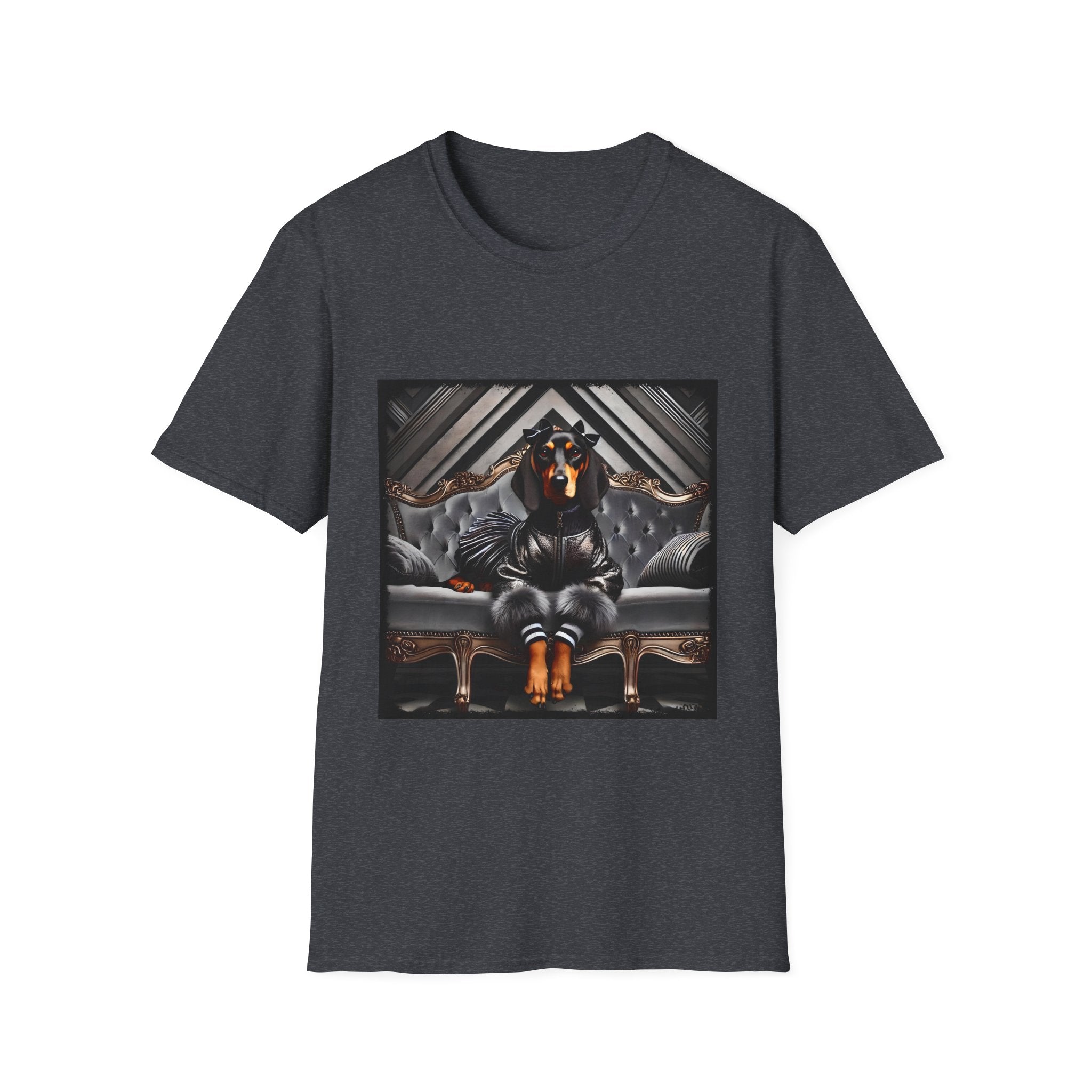 Dark heather gray dog t-shirt featuring coonhound in edgy black bomber jacket with fur cuffs, seated on a tufted leather settee.