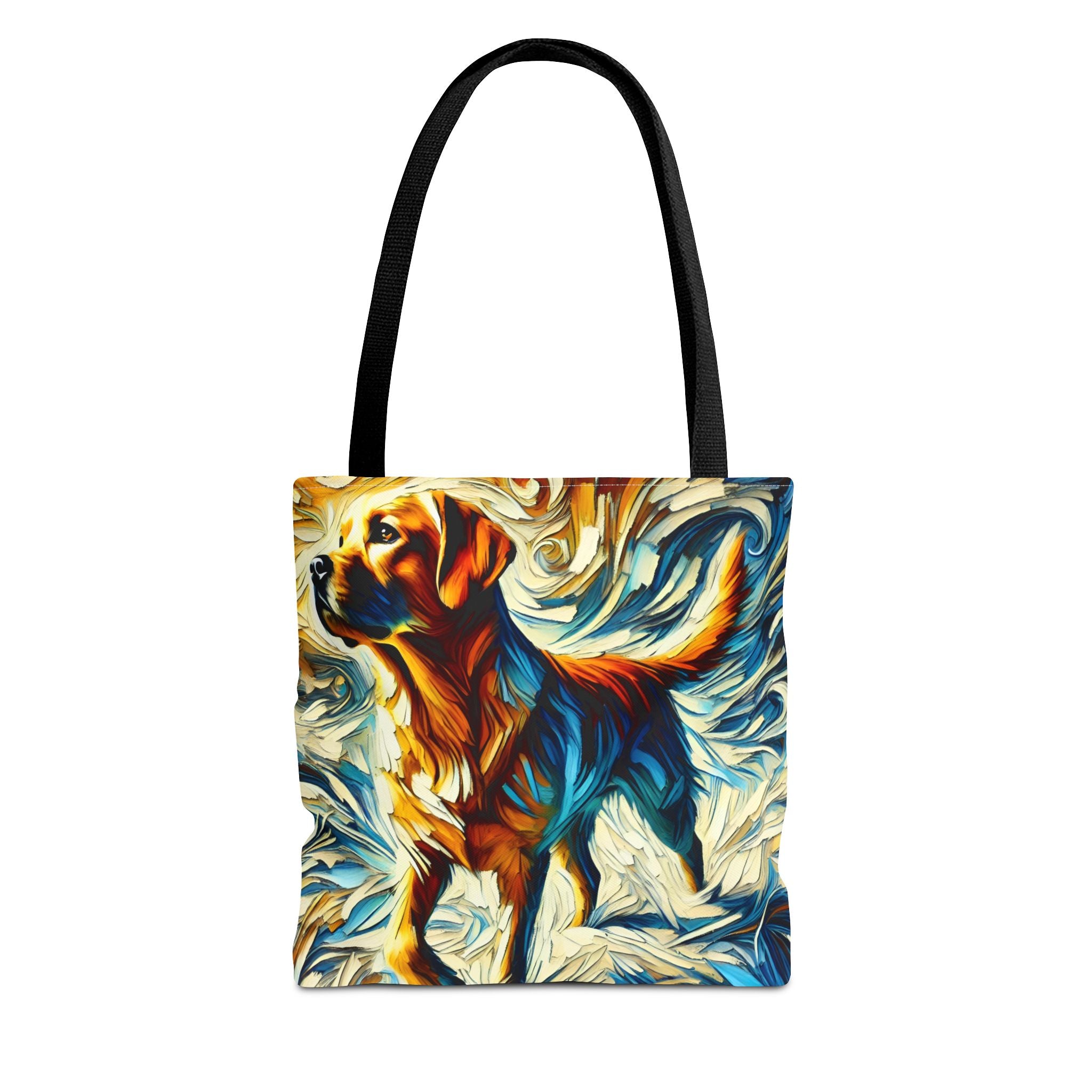 A tote bag with black shoulder straps, featuring a colorful artistic print of a Labrador retriever surrounded by swirling blue, orange, and cream brushstroke patterns, shown on a plain white background.