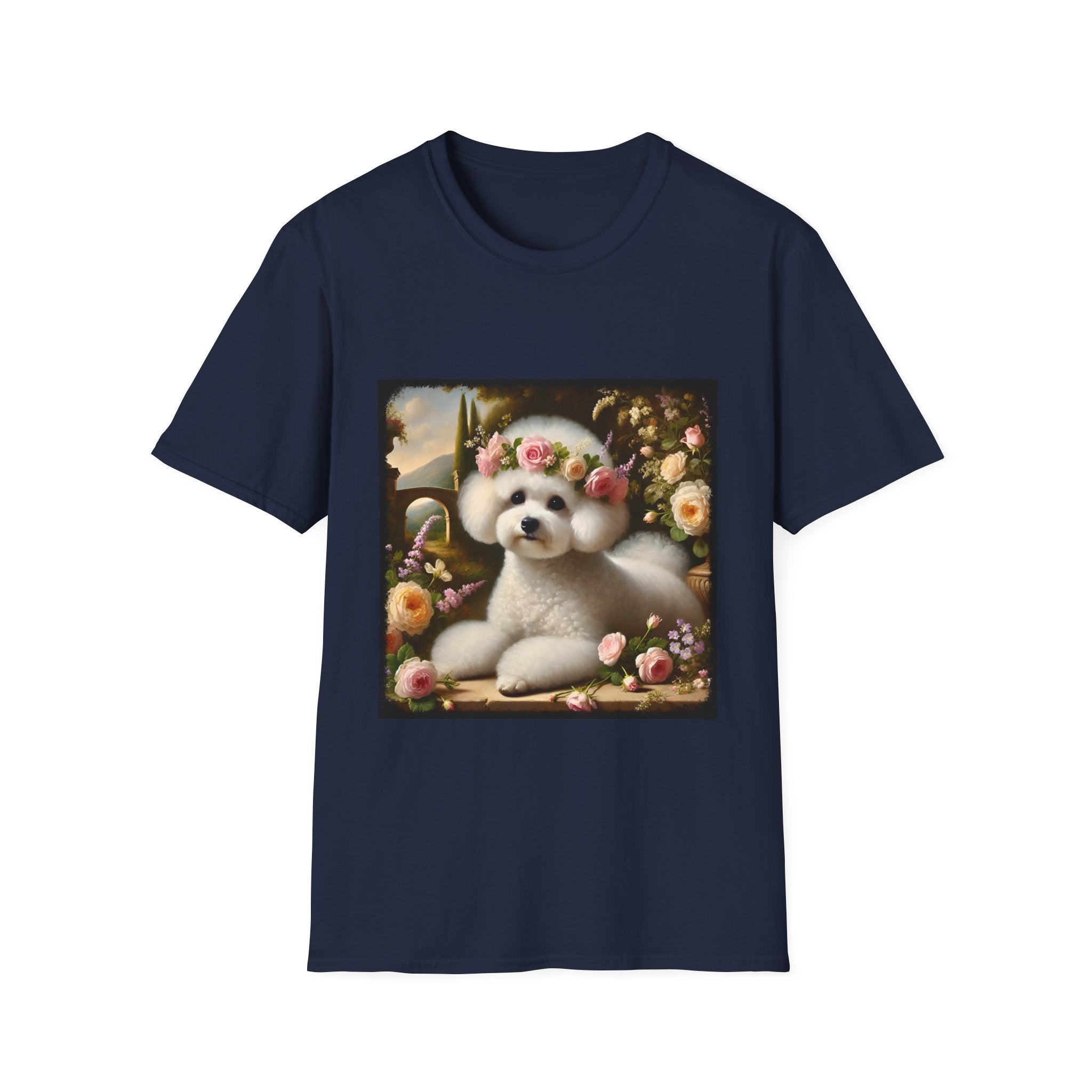Navy blue t-shirt with a Bichon Frise wearing a floral crown design on a white background