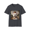 Dark heather gray dog t-shirt featuring regal Westie in gold crown and collar on palace terrace background.